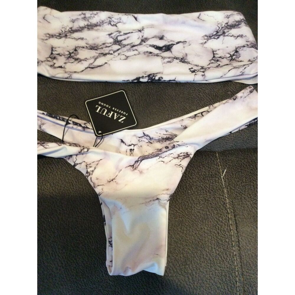 New NWT Zaful Marble Print Bikini Tie Dye Bandeau Top Medium Bottom 6
